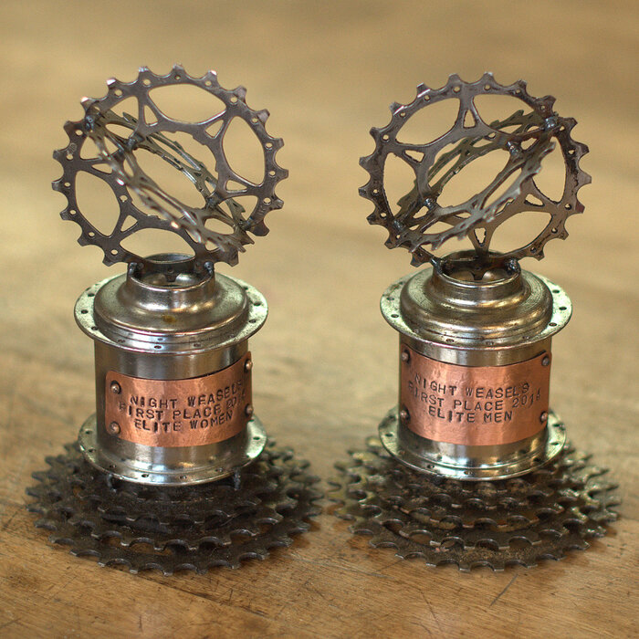 custom-made trophies made from bicycle parts