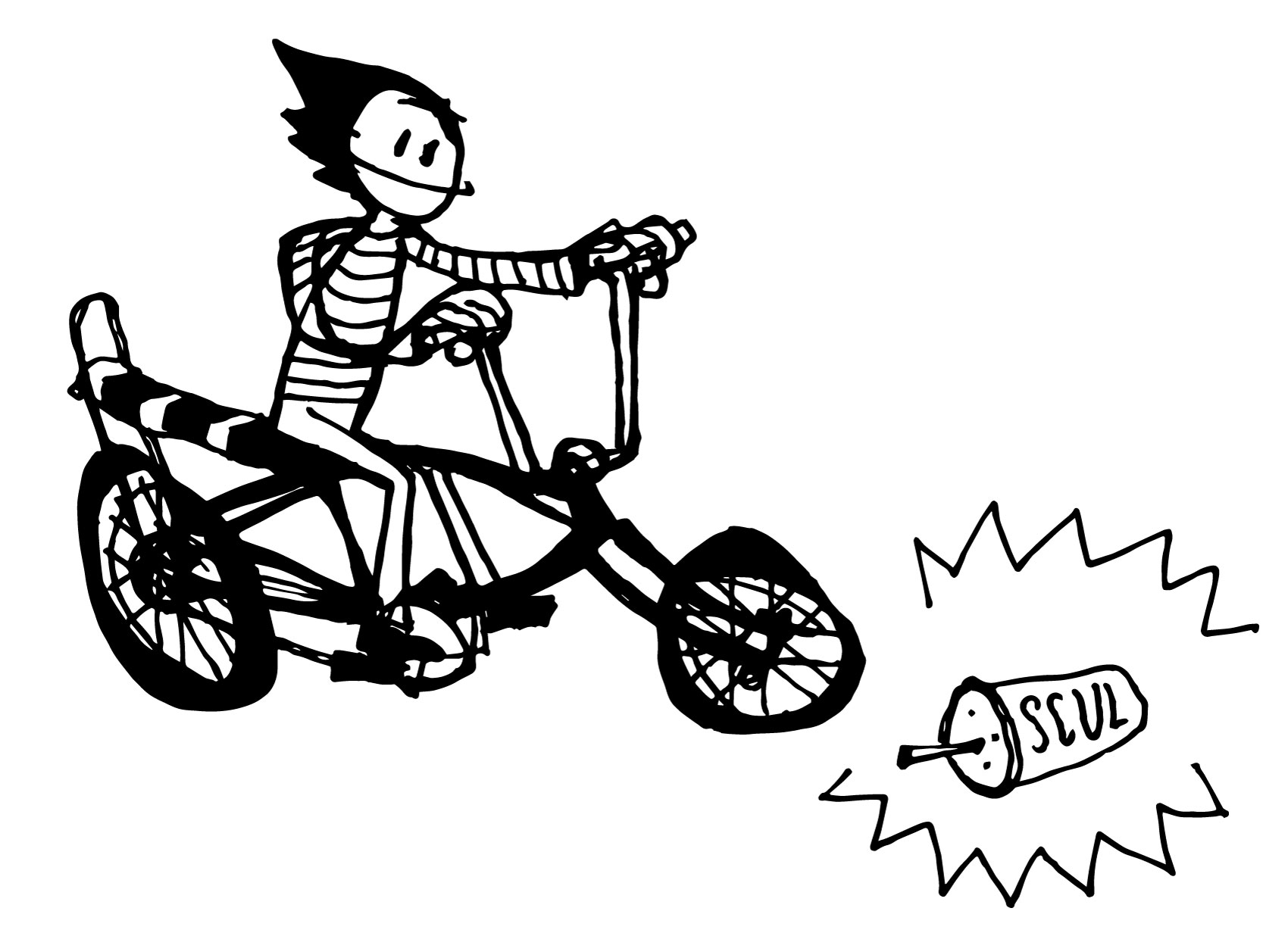 illustration of a girl on a bicycle chopper about to run over a paper cup with the word 'SCUL' on it.