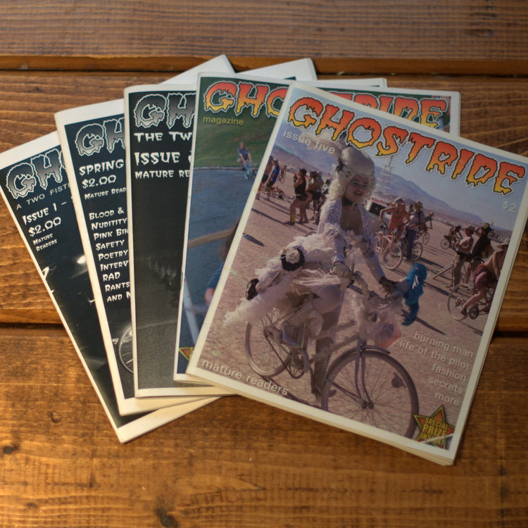 A stack of five zines titled 'ghostride'