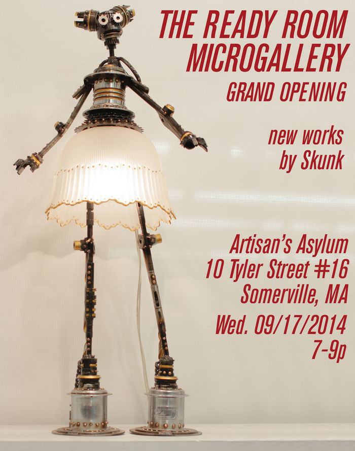 Ready Room Promotional Poster with a lit metal robot sculpture with a glass lampshade for a skirt.