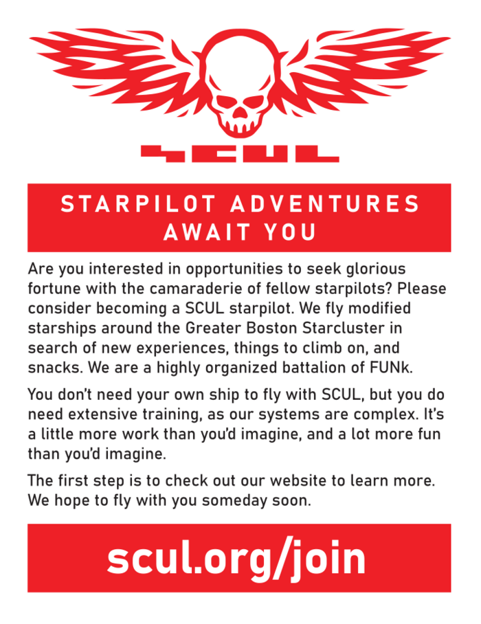 A brightly designed invitation to join SCUL in bold red and black