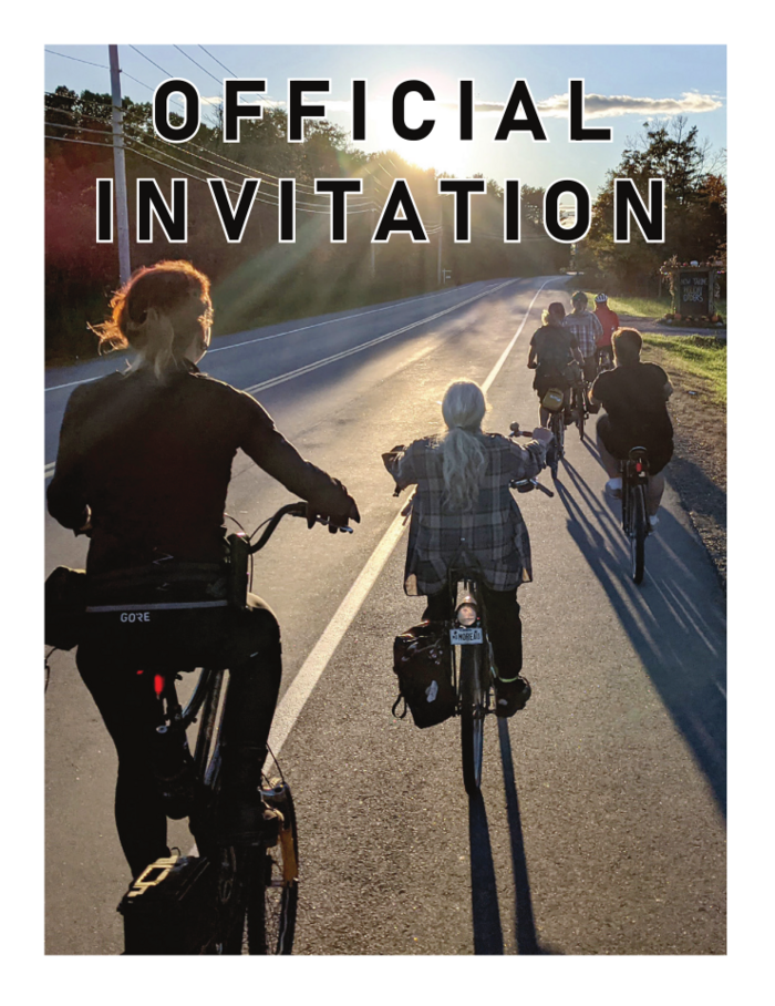 print of a few people riding bicycle choppers into the sunset on a long country road