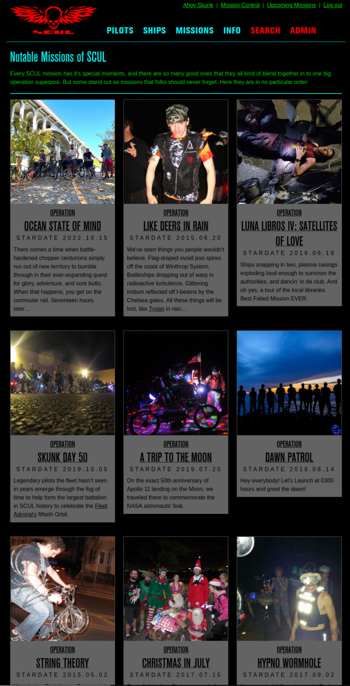 website screenshot of SCUL missions of note web page