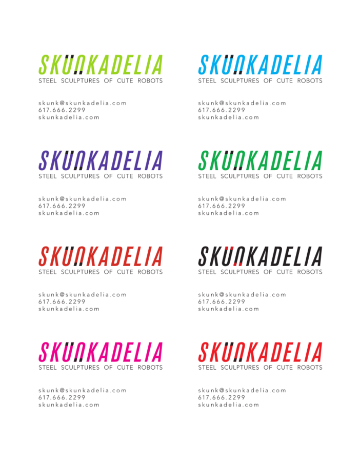 Skunkadelia business cards layed up in eight different colorways