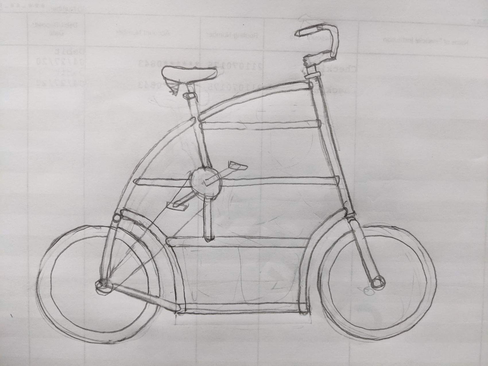 a simple sketch of a tallbike with a curved top tube and four horizontal tubes, with curved tubes hugging the wheels.