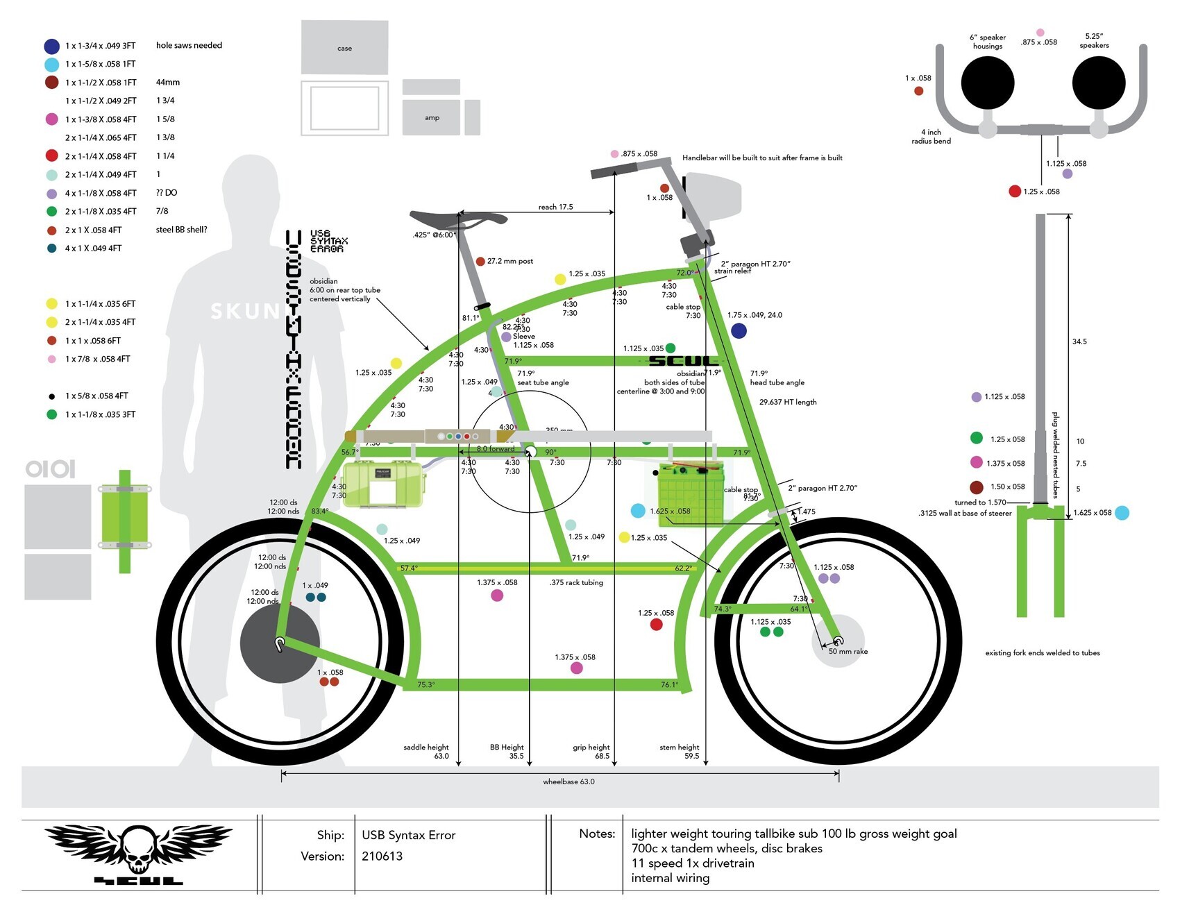 A very complex blueprint showing a tallbike design with all tubing specs, angles, lengths, electronic components, and graphics.